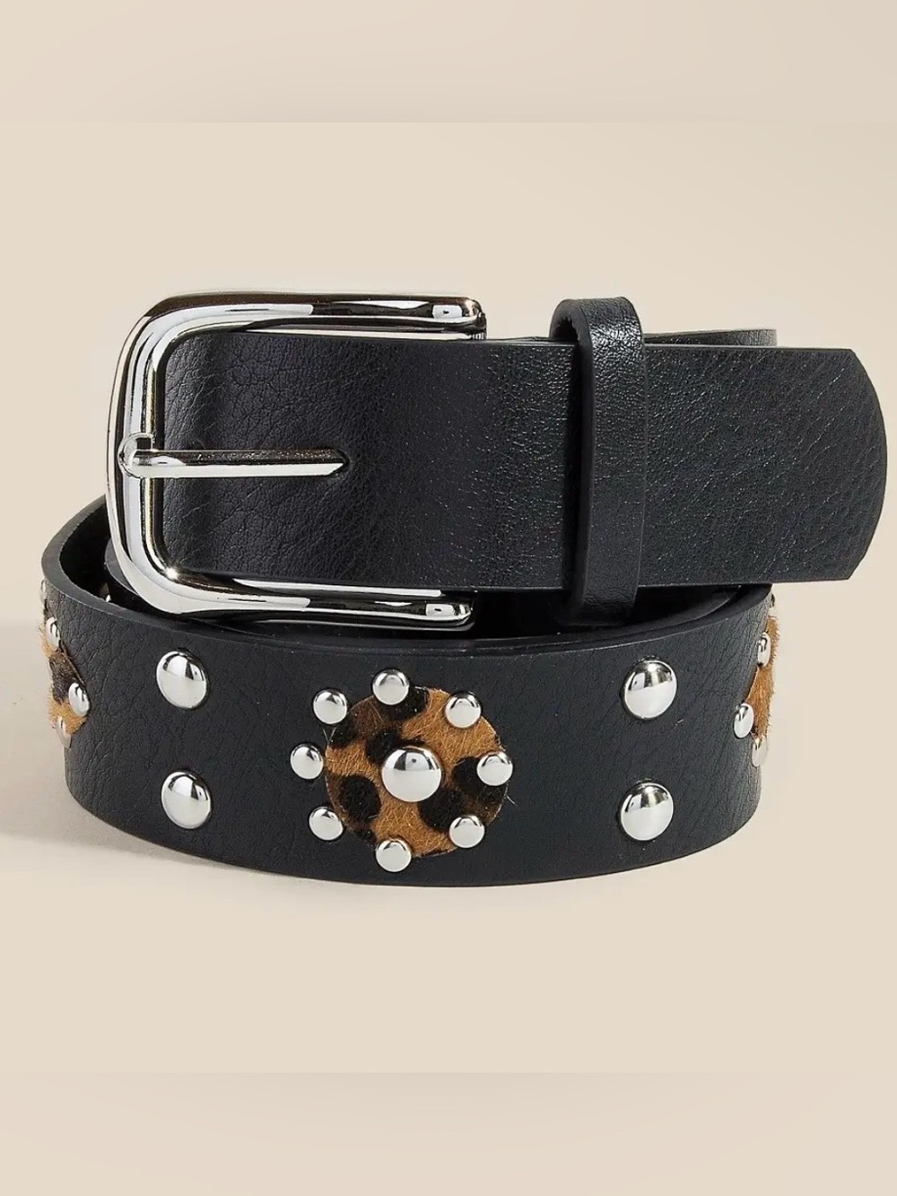 Black Studded Leopard Accent Leather Belt - Unbranded